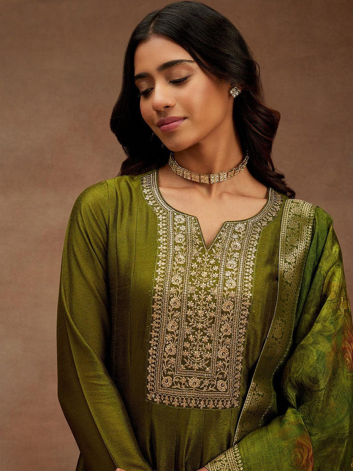 Olive Yoke Design Silk Blend Anarkali Kurta With Trousers & Dupatta - ShopLibas