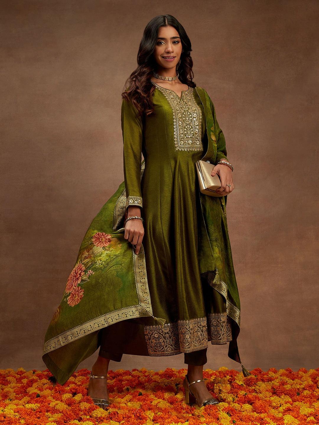 Olive Yoke Design Silk Blend Anarkali Kurta With Trousers & Dupatta - ShopLibas