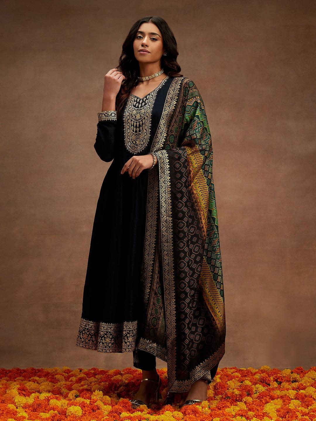 Charcoal Grey Yoke Design Silk Blend Anarkali Kurta With Trousers & Dupatta - ShopLibas