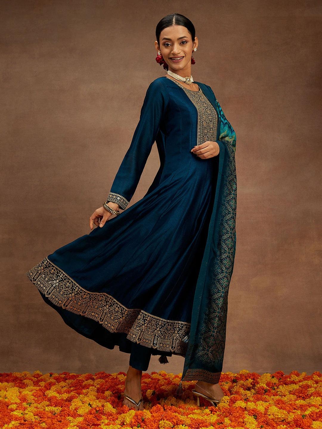 Teal Yoke Design Silk Blend Anarkali Kurta With Trousers & Dupatta - ShopLibas