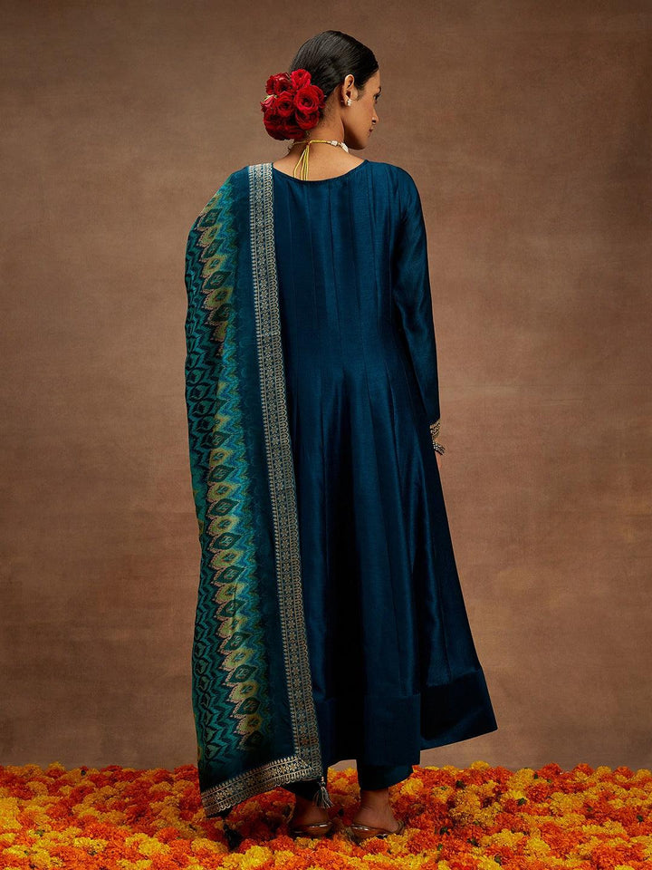 Teal Yoke Design Silk Blend Anarkali Kurta With Trousers & Dupatta - ShopLibas