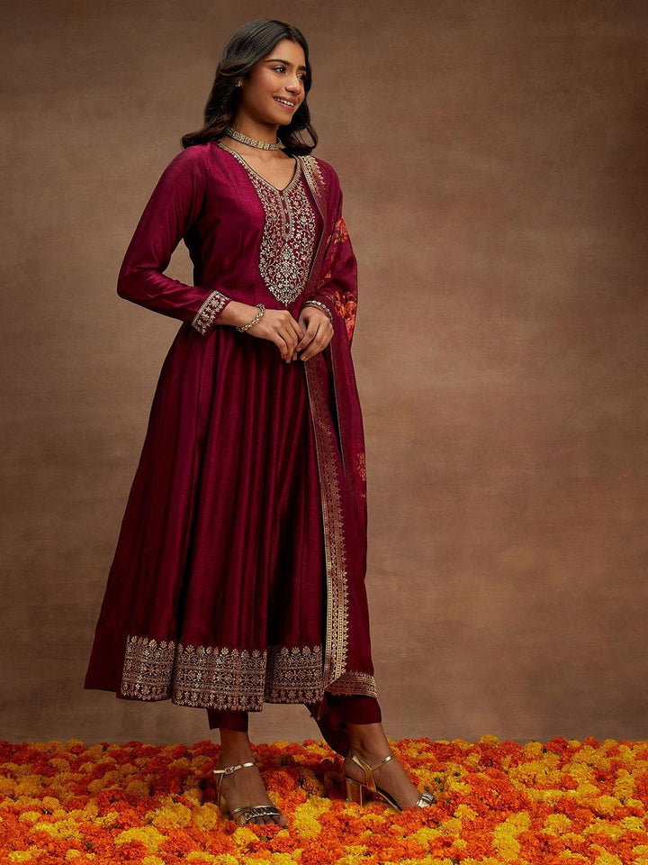 Wine Yoke Design Silk Blend Anarkali Kurta With Trousers & Dupatta - ShopLibas