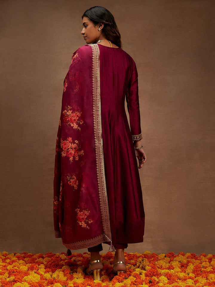 Wine Yoke Design Silk Blend Anarkali Kurta With Trousers & Dupatta - ShopLibas