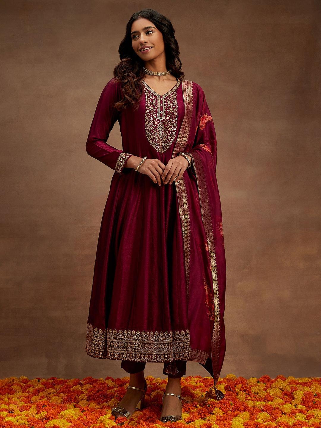 Wine Yoke Design Silk Blend Anarkali Kurta With Trousers & Dupatta - ShopLibas