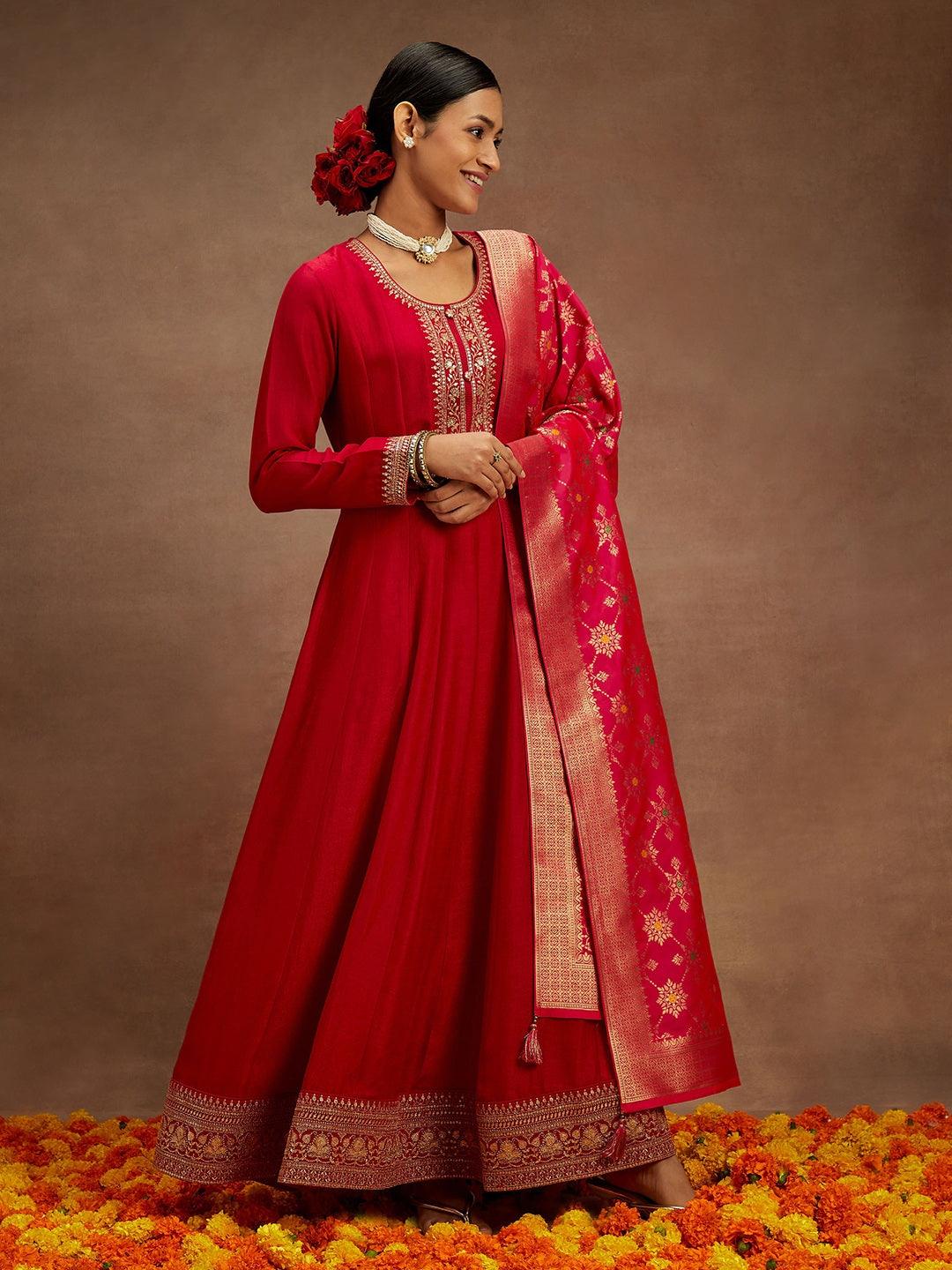 Hot Pink Yoke Design Silk Blend Anarkali Kurta With Trousers & Dupatta - ShopLibas