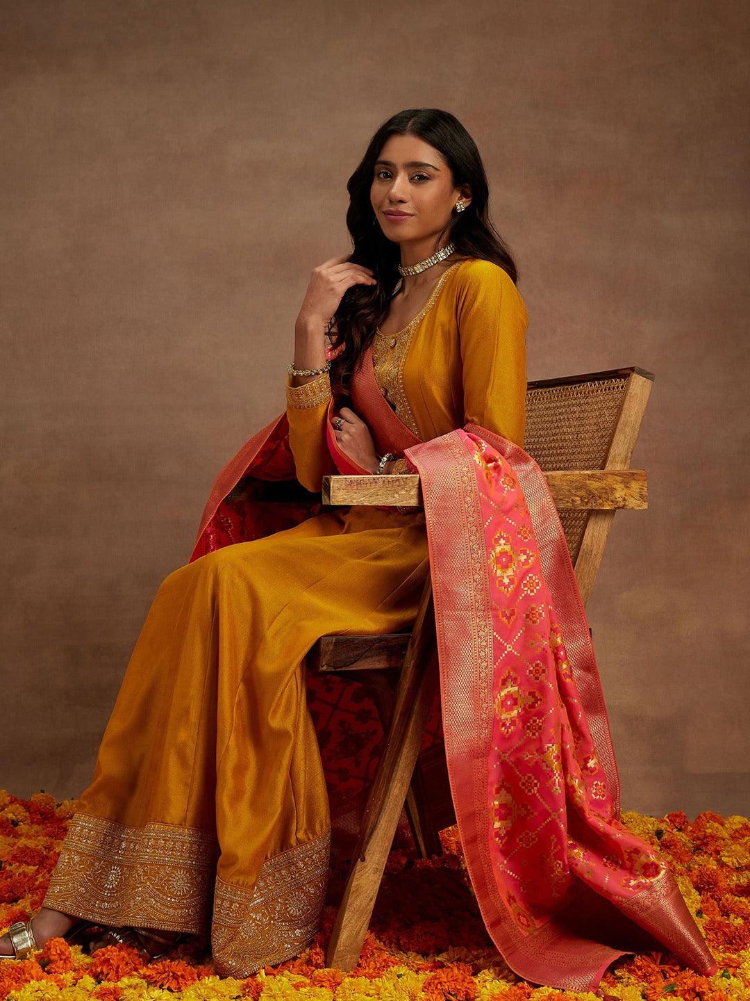 Mustard Yoke Design Silk Blend Anarkali Kurta With Trousers & Dupatta - ShopLibas