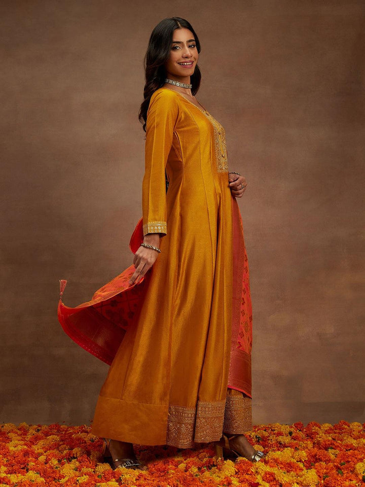 Mustard Yoke Design Silk Blend Anarkali Kurta With Trousers & Dupatta - ShopLibas