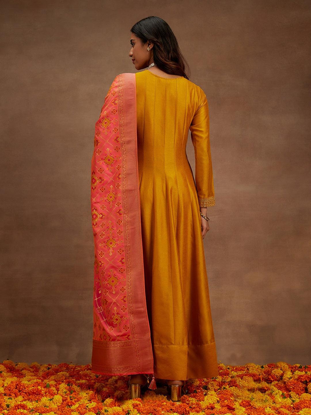 Mustard Yoke Design Silk Blend Anarkali Kurta With Trousers & Dupatta - ShopLibas