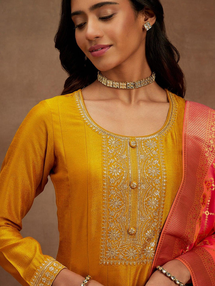 Mustard Yoke Design Silk Blend Anarkali Kurta With Trousers & Dupatta - ShopLibas