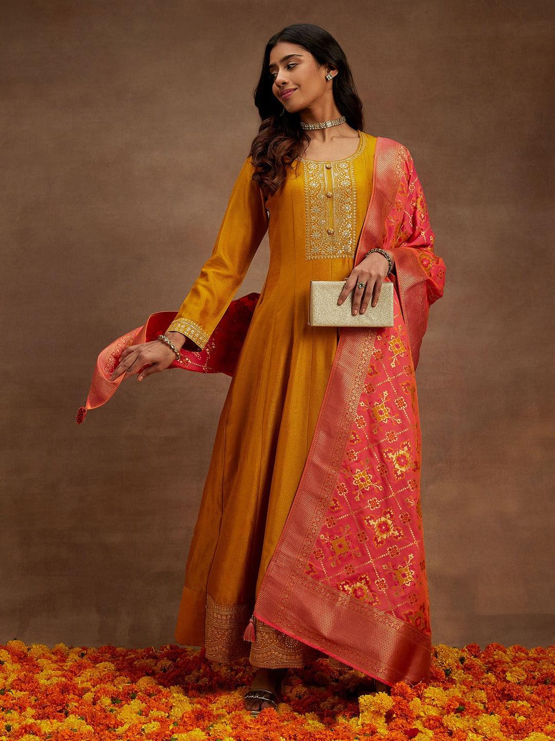 Mustard Yoke Design Silk Blend Anarkali Kurta With Trousers & Dupatta - ShopLibas