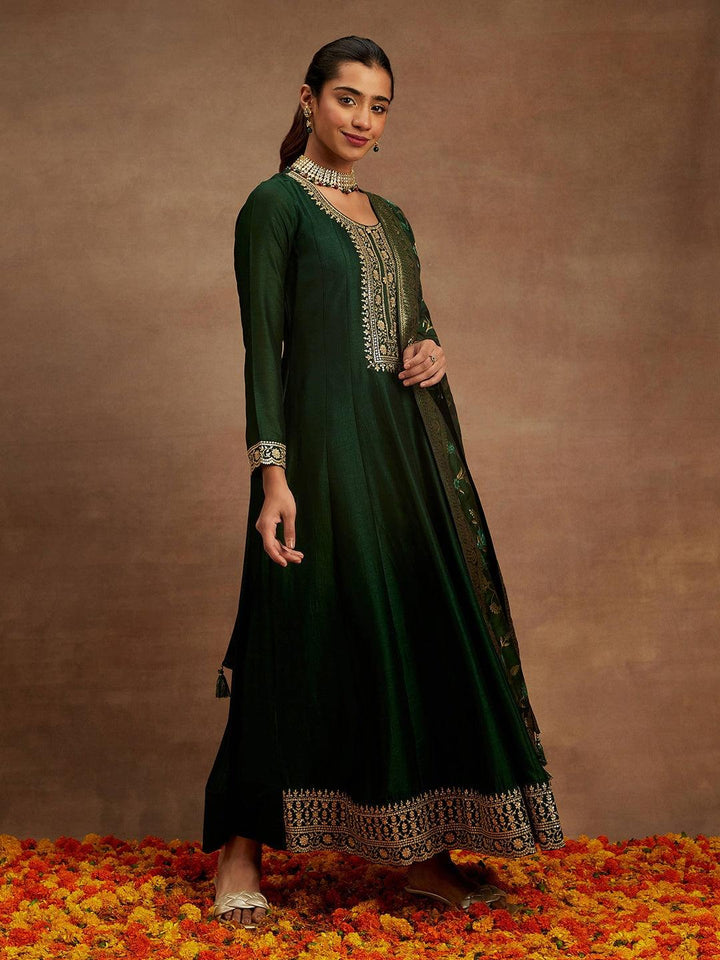 Bottle Green Yoke Design Silk Blend Anarkali Kurta With Trousers & Dupatta - ShopLibas