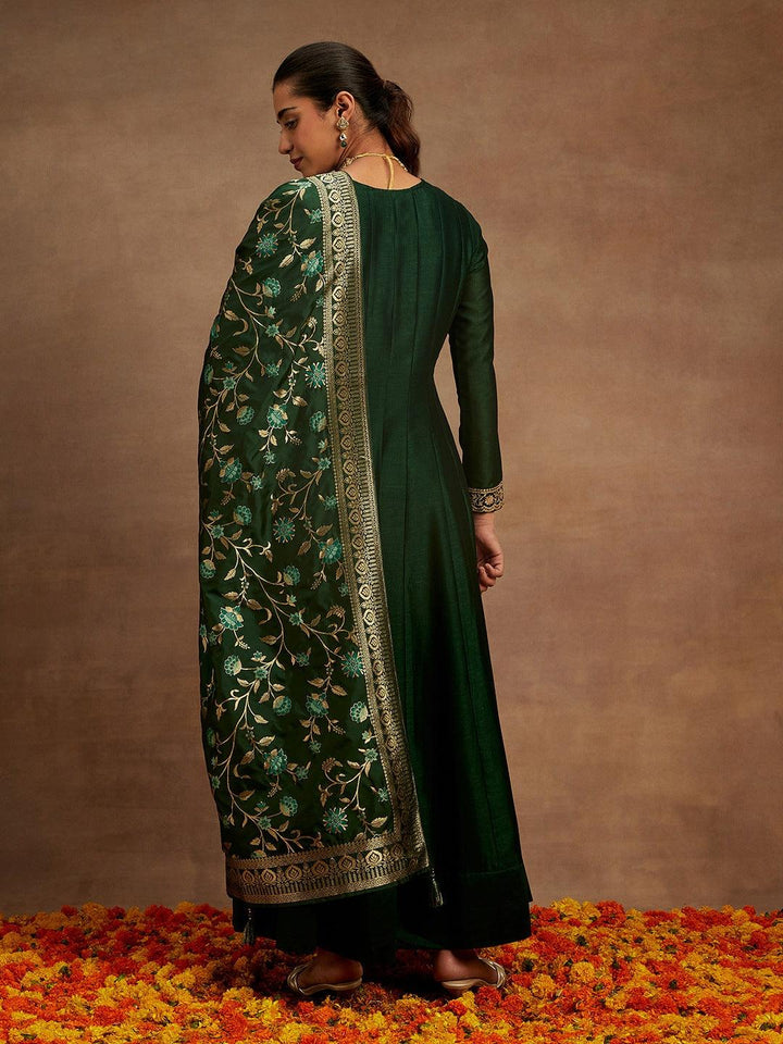 Bottle Green Yoke Design Silk Blend Anarkali Kurta With Trousers & Dupatta - ShopLibas