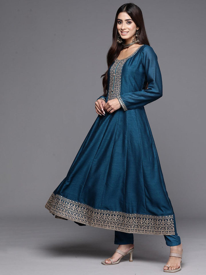 Teal Yoke Design Silk Blend Anarkali Kurta With Trousers & Dupatta - ShopLibas