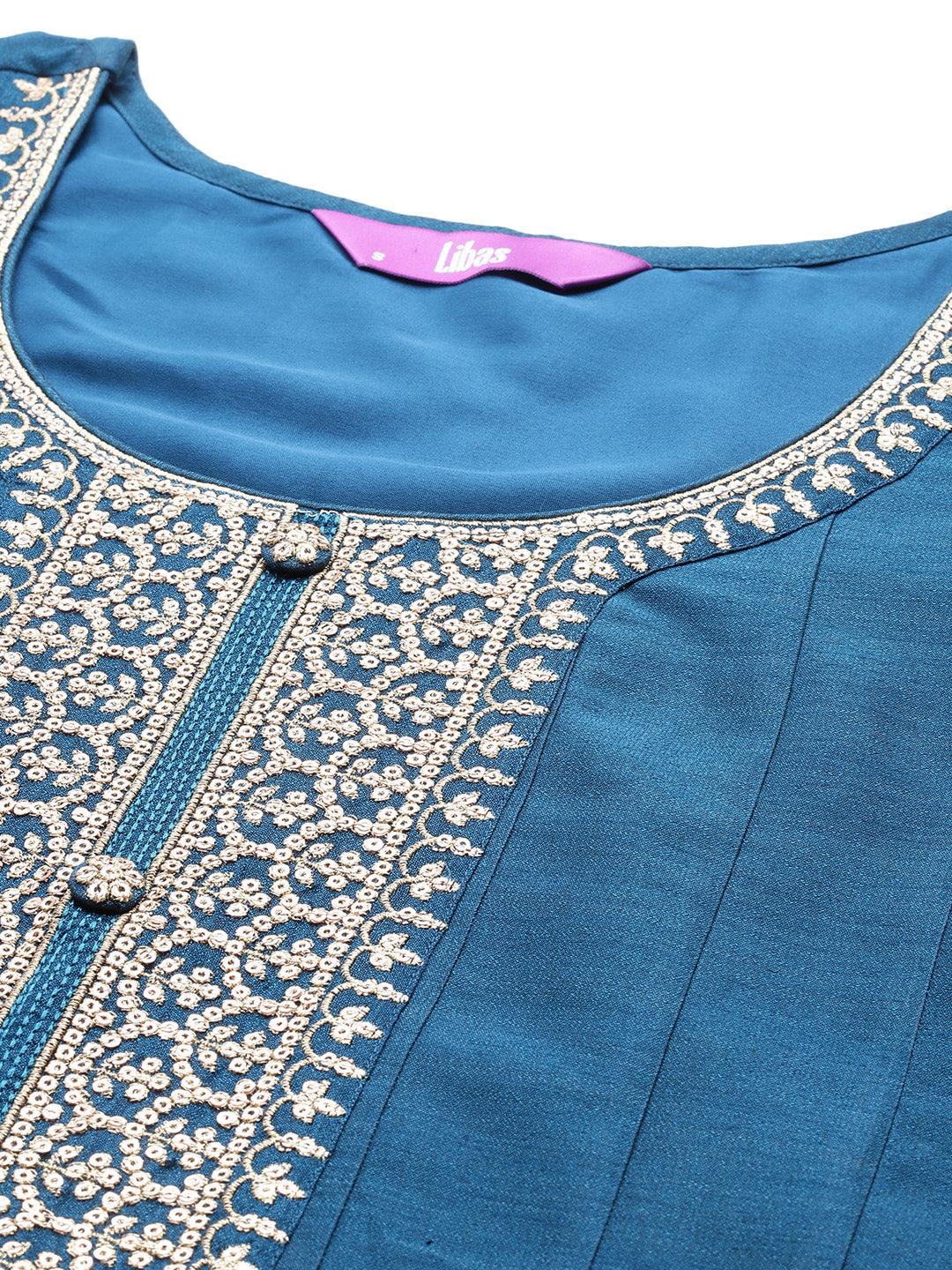 Teal Yoke Design Silk Blend Anarkali Kurta With Trousers & Dupatta - ShopLibas