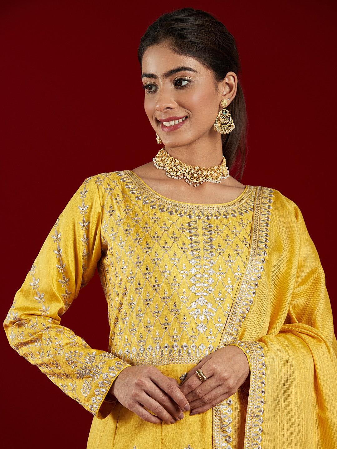 Libas Art Yellow Embroidered Silk A-Line Kurta With Trousers & Dupatta