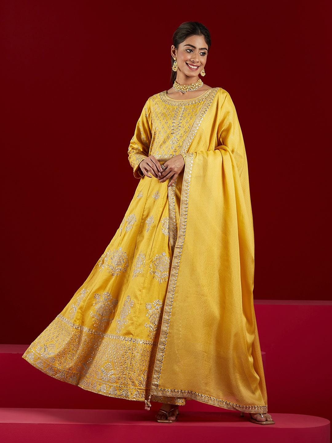 Libas Art Yellow Embroidered Silk A-Line Kurta With Trousers & Dupatta