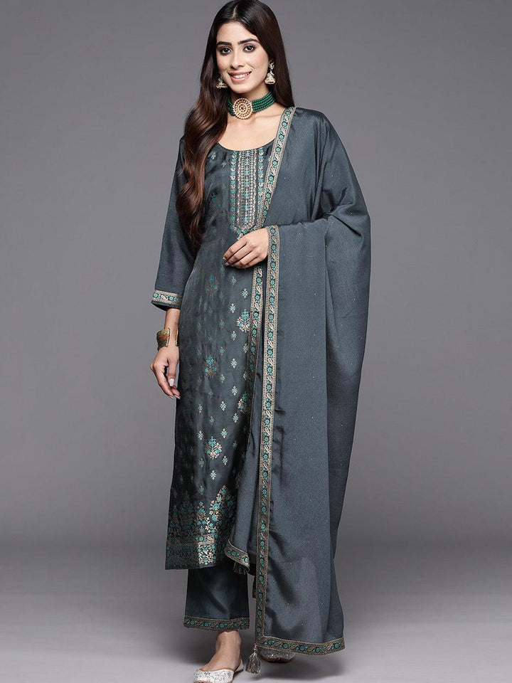 Grey Woven Design Silk Blend Straight Kurta With Trousers & Dupatta - ShopLibas