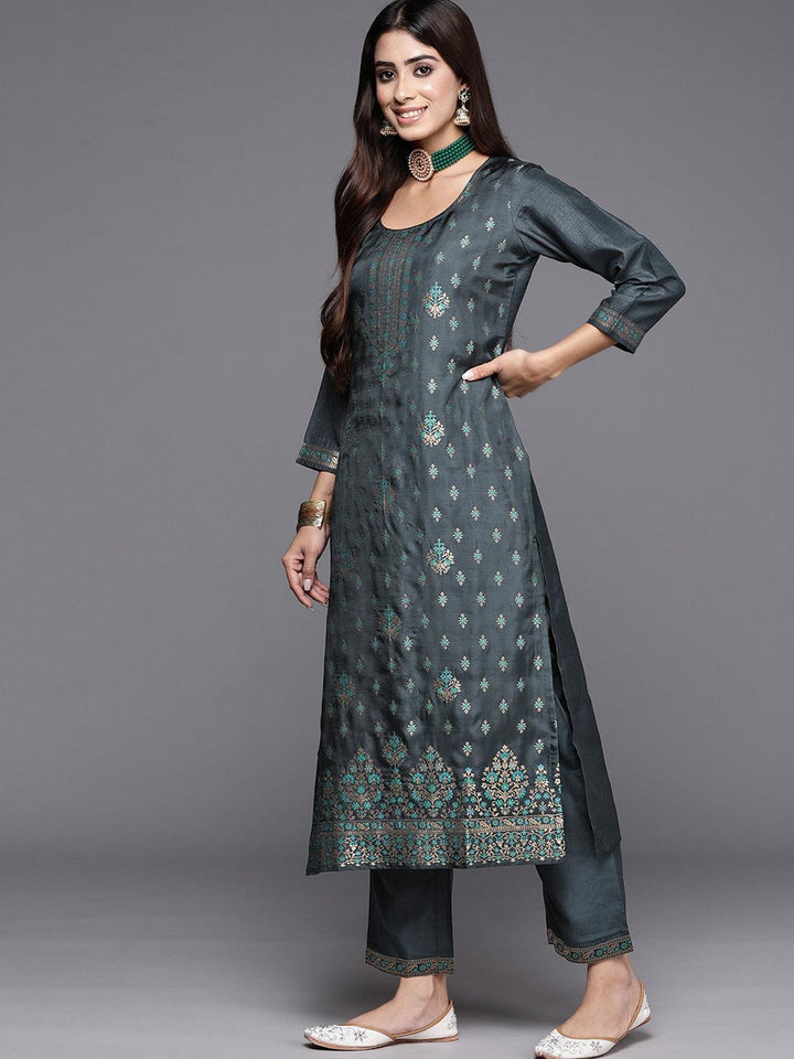 Grey Woven Design Silk Blend Straight Kurta With Trousers & Dupatta - ShopLibas