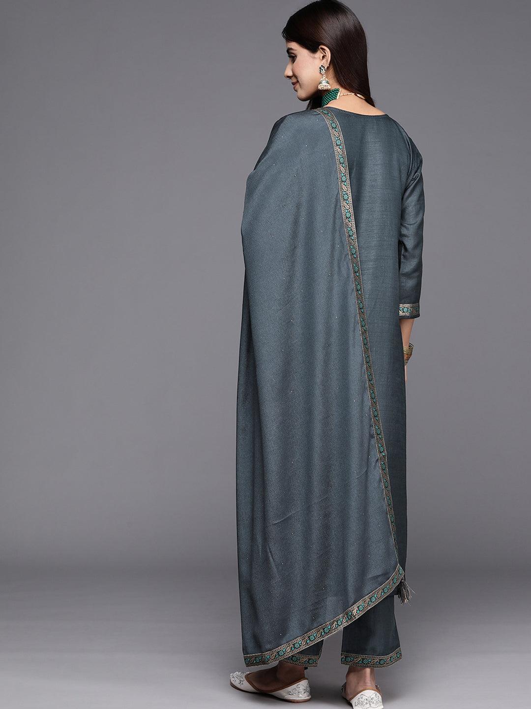 Grey Woven Design Silk Blend Straight Kurta With Trousers & Dupatta - ShopLibas