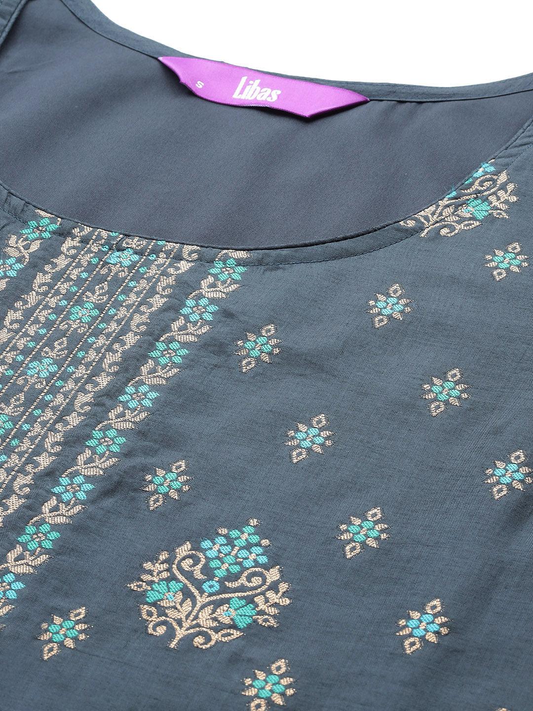 Grey Woven Design Silk Blend Straight Kurta With Trousers & Dupatta - ShopLibas