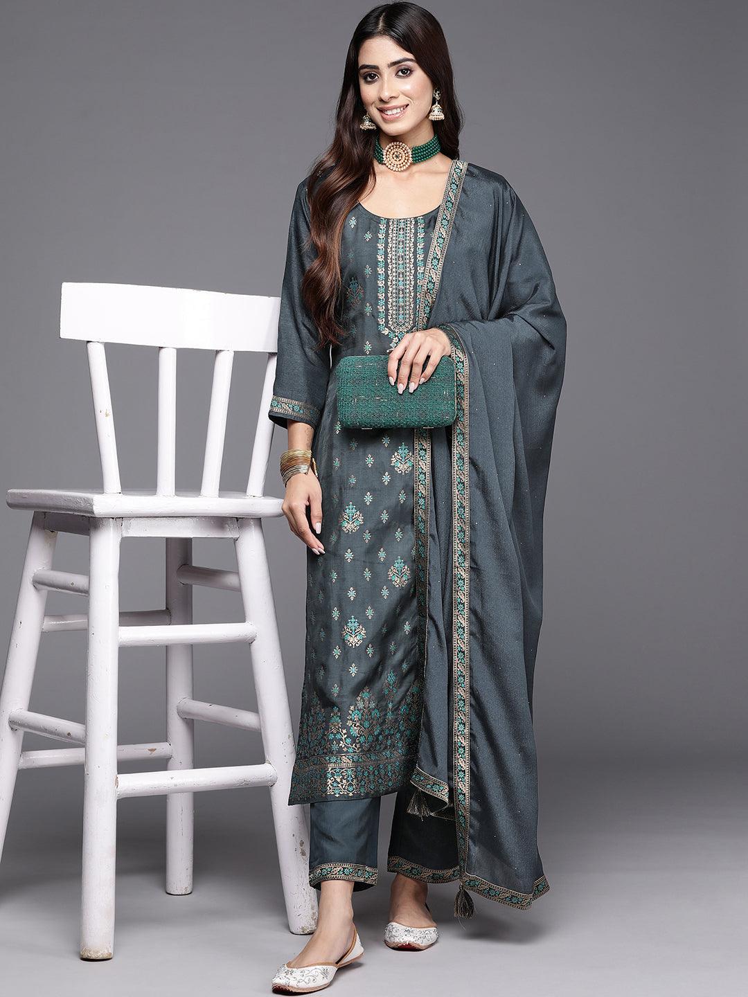 Grey Woven Design Silk Blend Straight Kurta With Trousers & Dupatta - ShopLibas