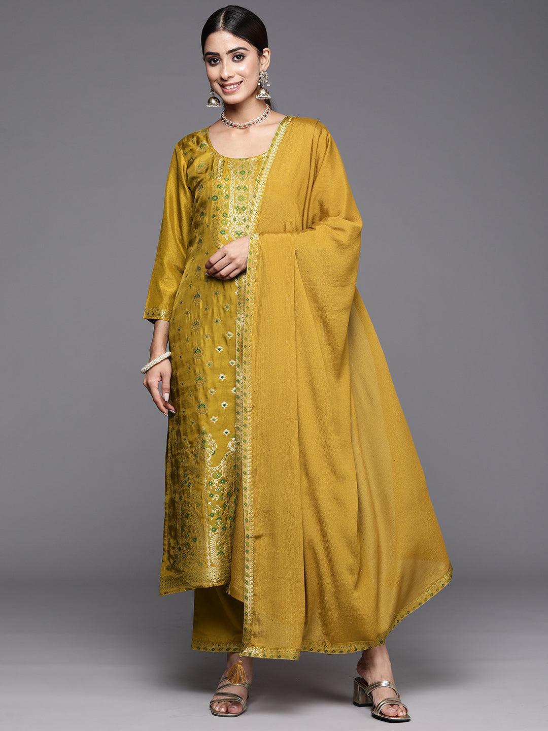 Mustard Woven Design Silk Blend Straight Kurta With Trousers & Dupatta - ShopLibas