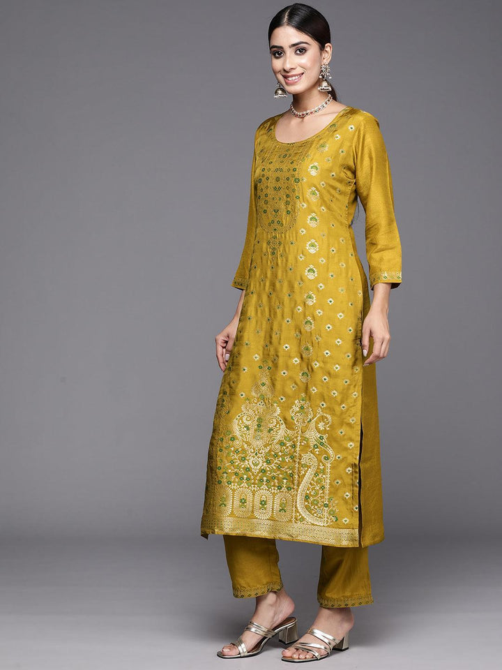 Mustard Woven Design Silk Blend Straight Kurta With Trousers & Dupatta - ShopLibas