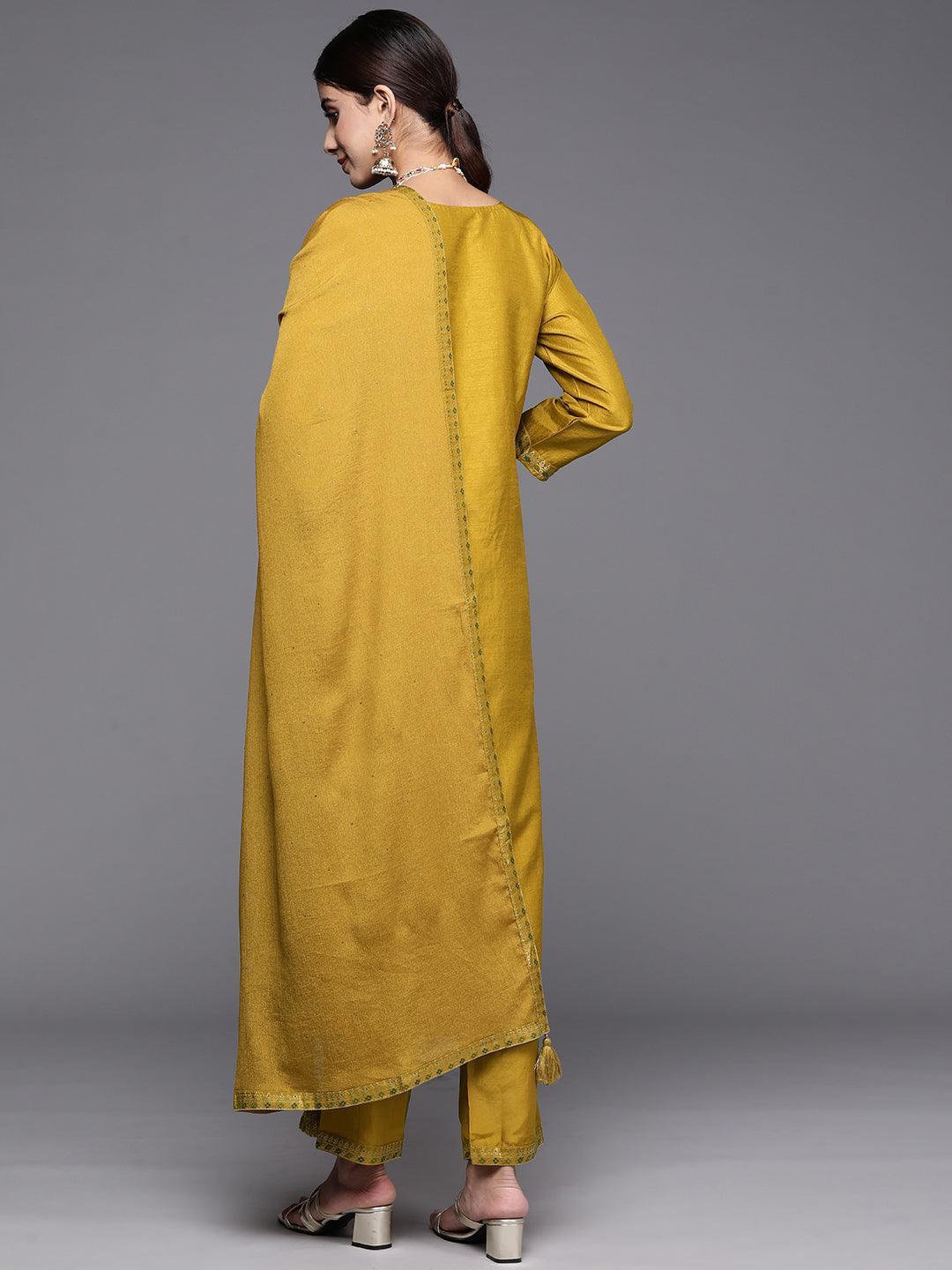 Mustard Woven Design Silk Blend Straight Kurta With Trousers & Dupatta - ShopLibas