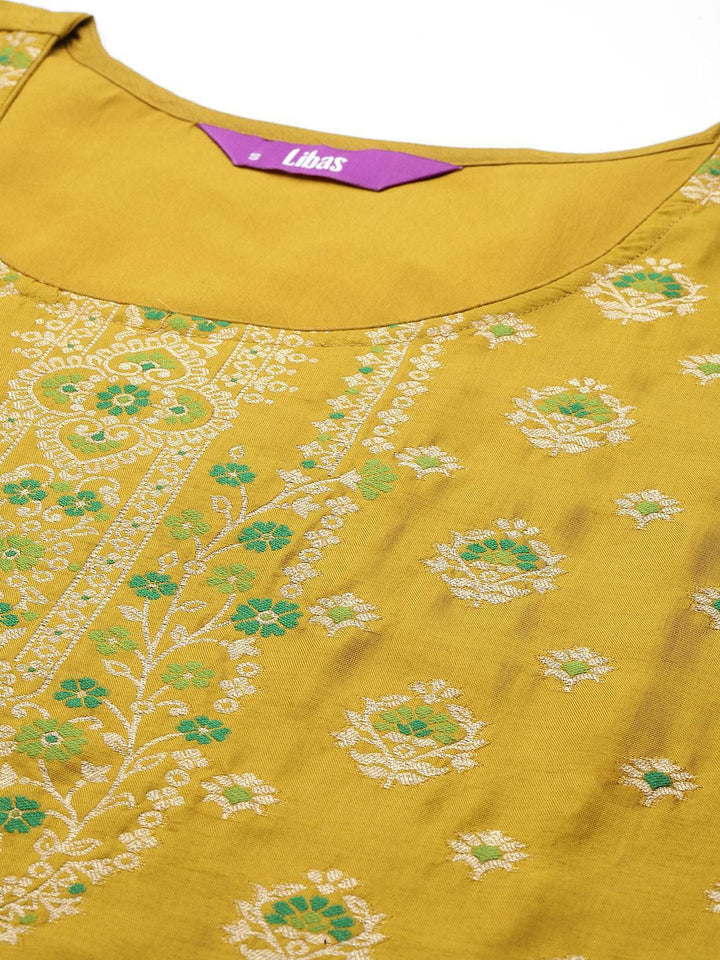 Mustard Woven Design Silk Blend Straight Kurta With Trousers & Dupatta - ShopLibas