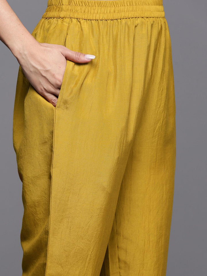 Mustard Woven Design Silk Blend Straight Kurta With Trousers & Dupatta - ShopLibas