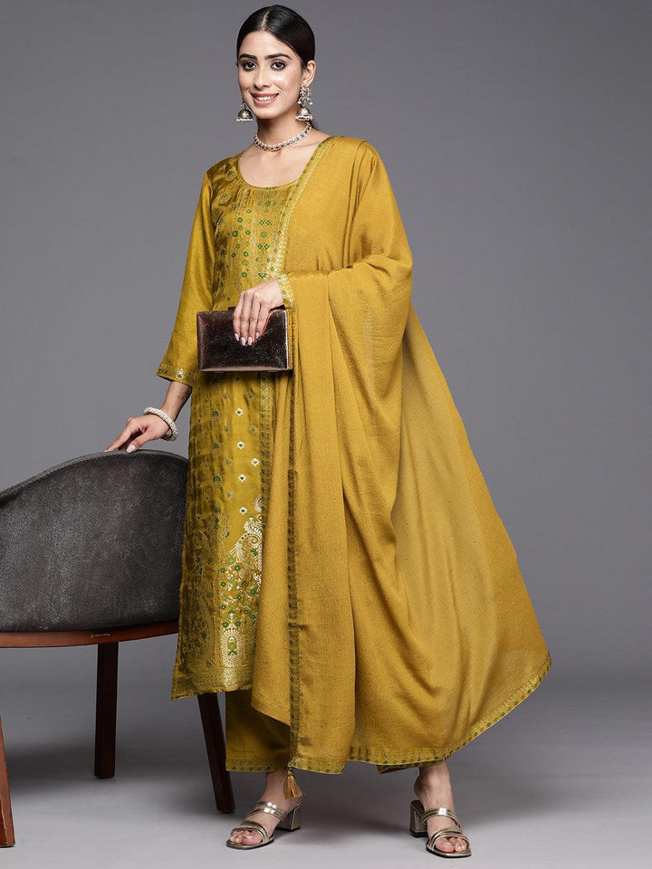 Mustard Woven Design Silk Blend Straight Kurta With Trousers & Dupatta - ShopLibas