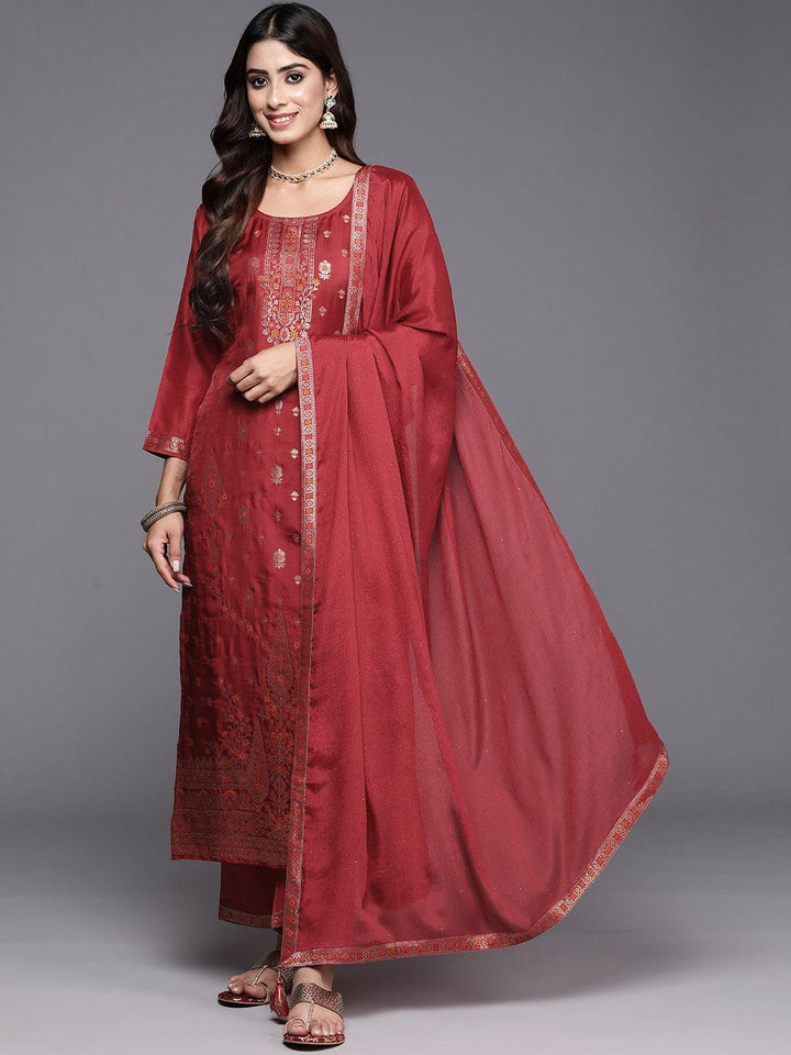 Maroon Woven Design Silk Blend Straight Kurta With Trousers & Dupatta - ShopLibas