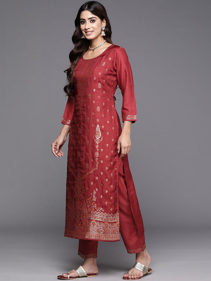 Maroon Woven Design Silk Blend Straight Kurta With Trousers & Dupatta - ShopLibas