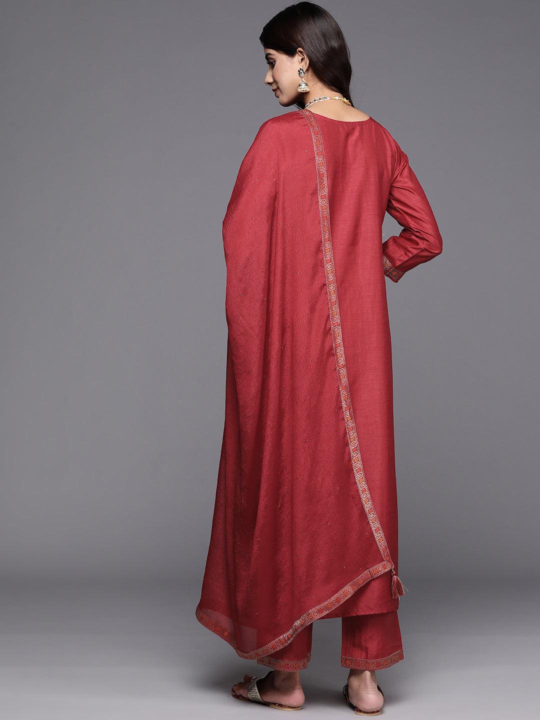 Maroon Woven Design Silk Blend Straight Suit With Dupatta