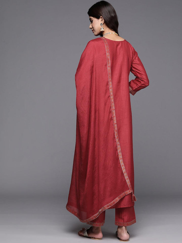 Maroon Woven Design Silk Blend Straight Kurta With Trousers & Dupatta - ShopLibas