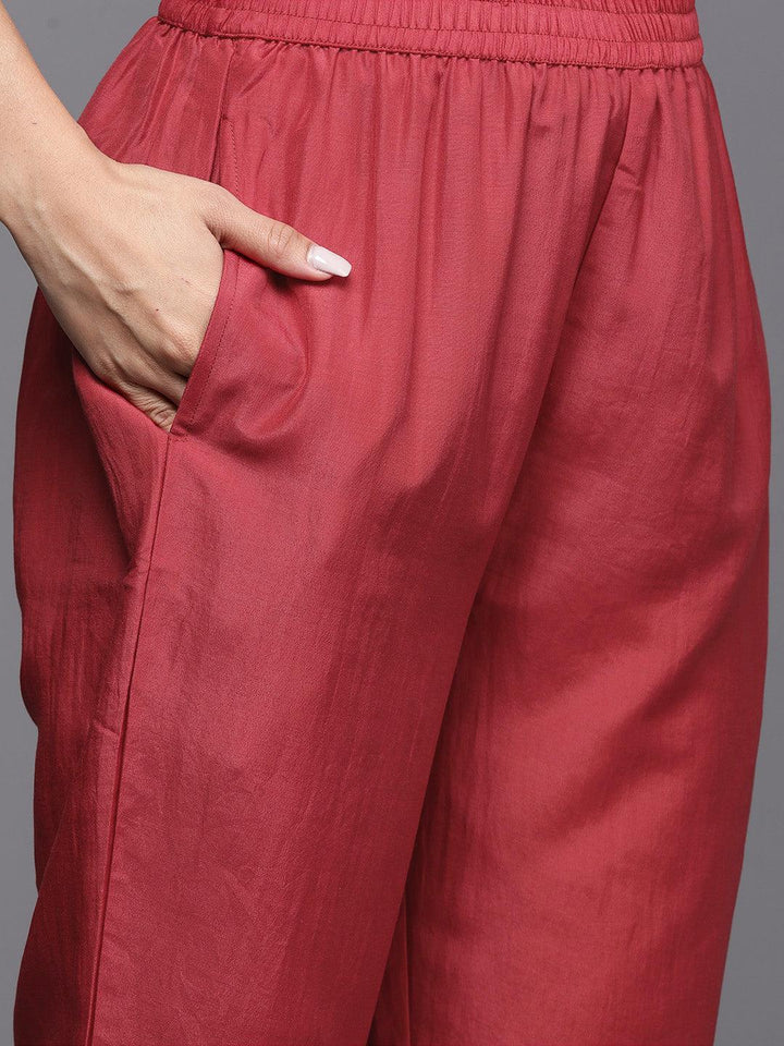 Maroon Woven Design Silk Blend Straight Kurta With Trousers & Dupatta - ShopLibas