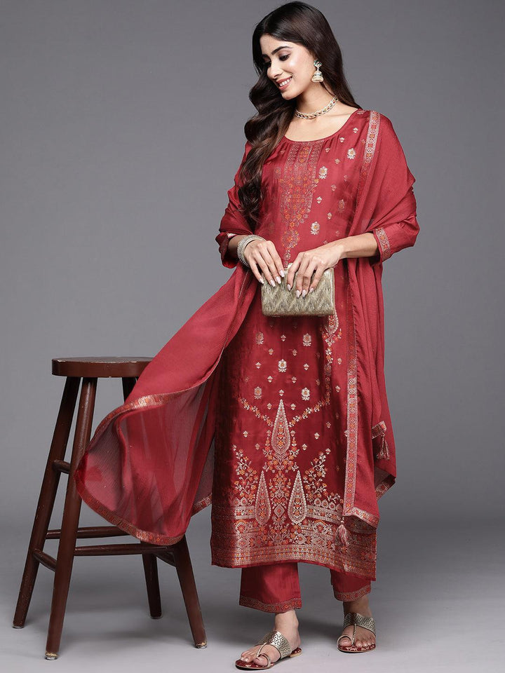 Maroon Woven Design Silk Blend Straight Kurta With Trousers & Dupatta - ShopLibas