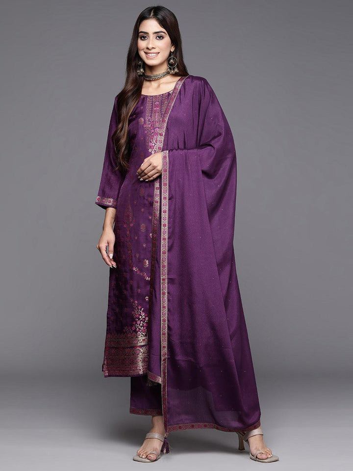 Purple Woven Design Silk Blend Straight Kurta With Trousers & Dupatta - ShopLibas