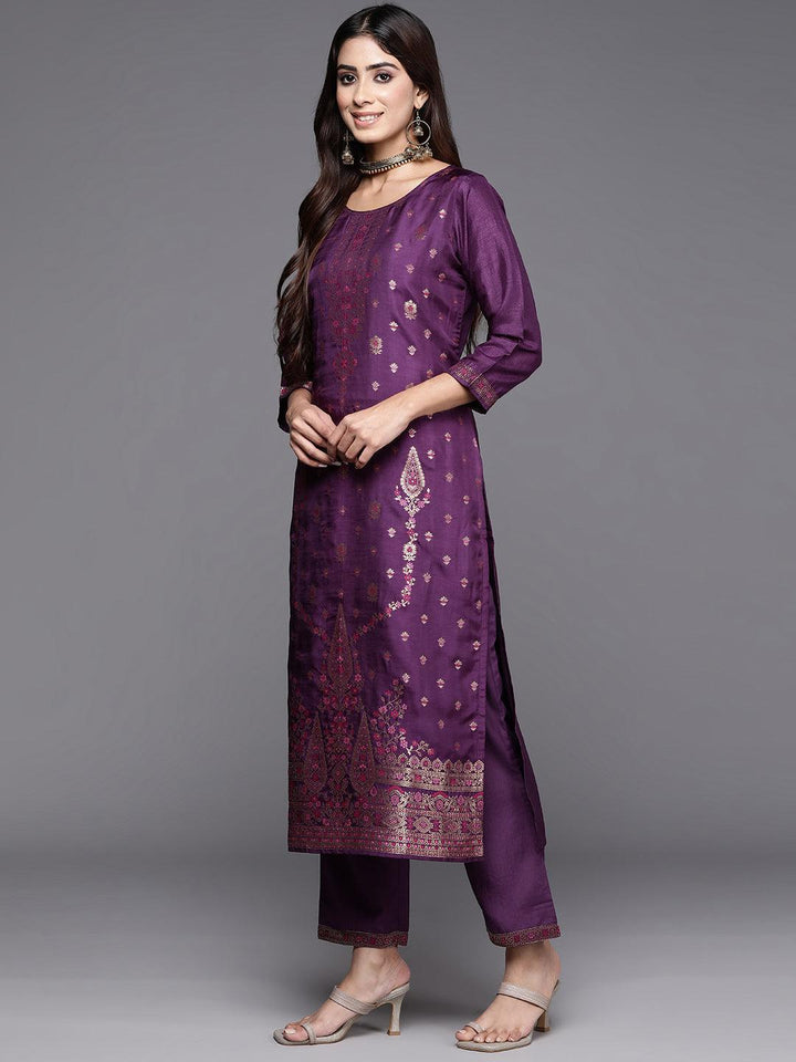 Purple Woven Design Silk Blend Straight Kurta With Trousers & Dupatta - ShopLibas