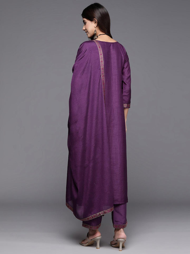 Purple Woven Design Silk Blend Straight Kurta With Trousers & Dupatta - ShopLibas