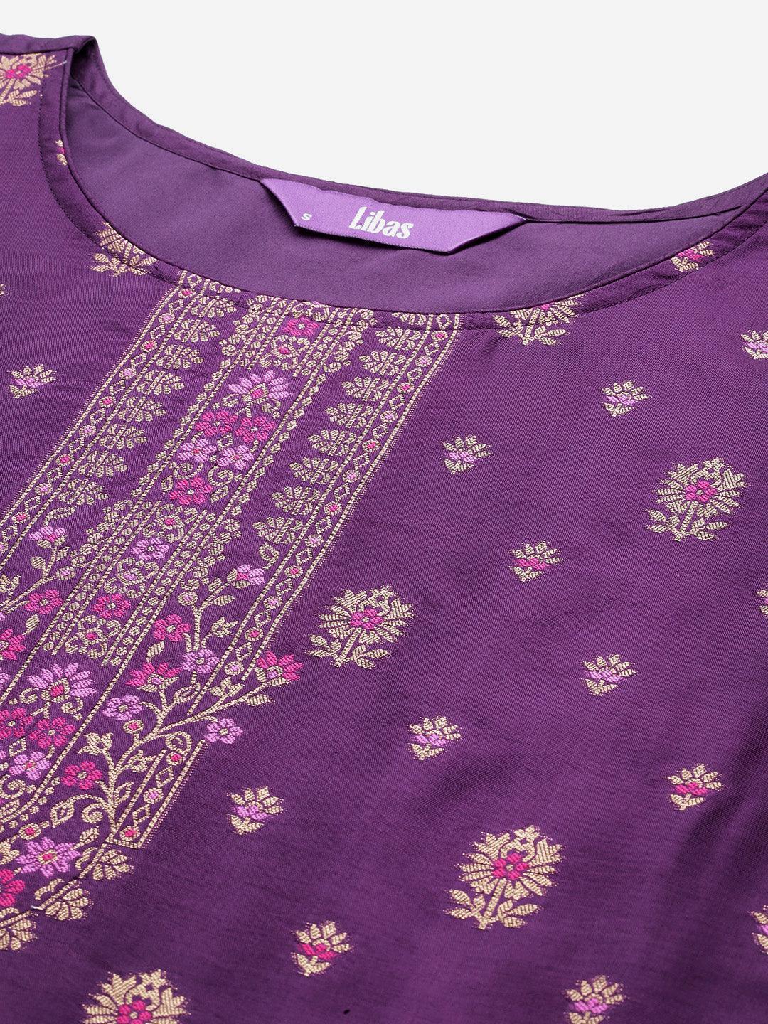 Purple Woven Design Silk Blend Straight Kurta With Trousers & Dupatta - ShopLibas