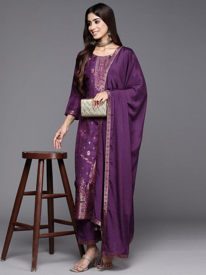 Purple Woven Design Silk Blend Straight Kurta With Trousers & Dupatta - ShopLibas