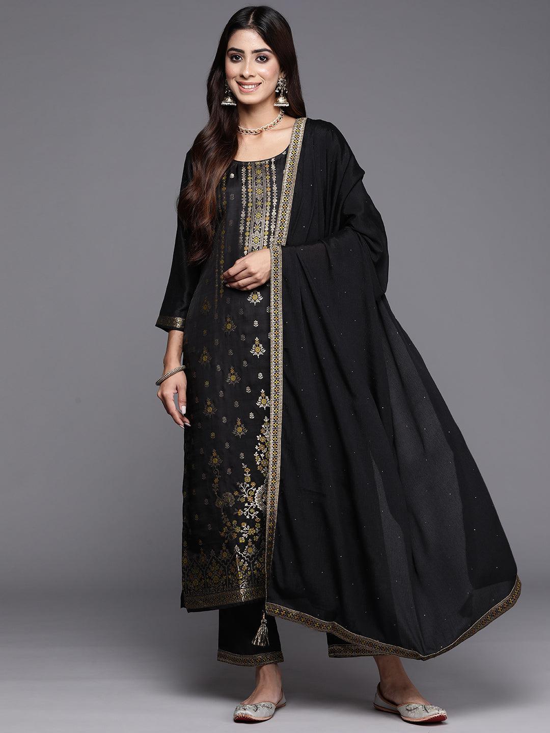 Black Woven Design Silk Blend Straight Kurta With Trousers & Dupatta - ShopLibas