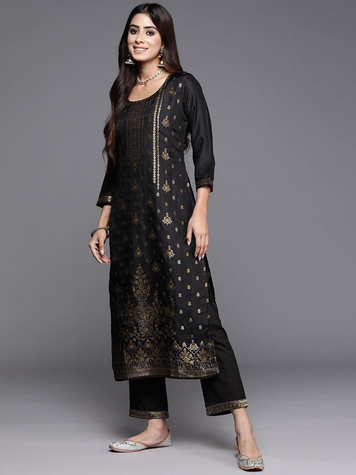 Black Woven Design Silk Blend Straight Kurta With Trousers & Dupatta - ShopLibas