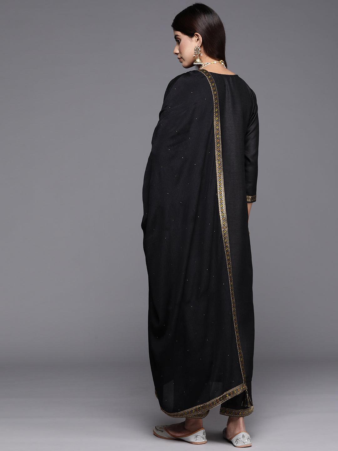 Black Woven Design Silk Blend Straight Kurta With Trousers & Dupatta - ShopLibas