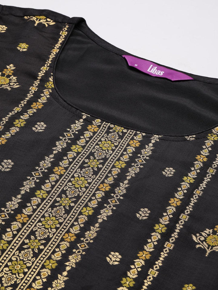 Black Woven Design Silk Blend Straight Kurta With Trousers & Dupatta - ShopLibas