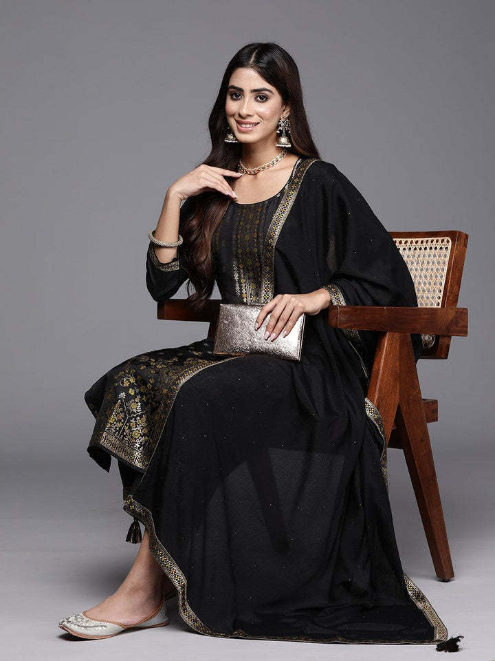 Black Woven Design Silk Blend Straight Kurta With Trousers & Dupatta - ShopLibas