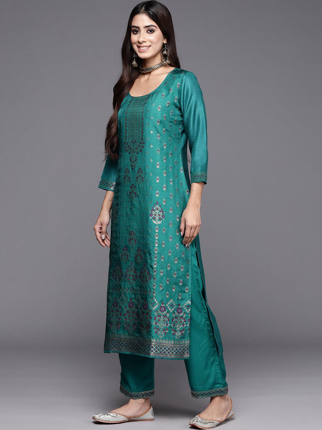 Turquoise Woven Design Silk Blend Straight Suit With Dupatta