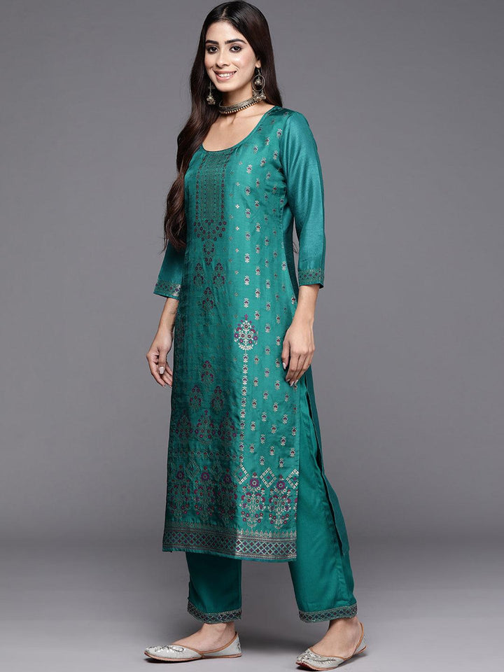 Turquoise Woven Design Silk Blend Straight Kurta With Trousers & Dupatta - ShopLibas