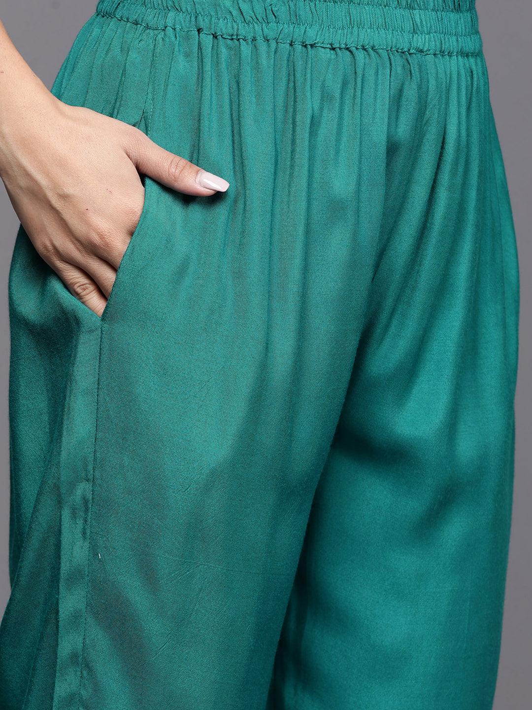 Turquoise Woven Design Silk Blend Straight Kurta With Trousers & Dupatta - ShopLibas